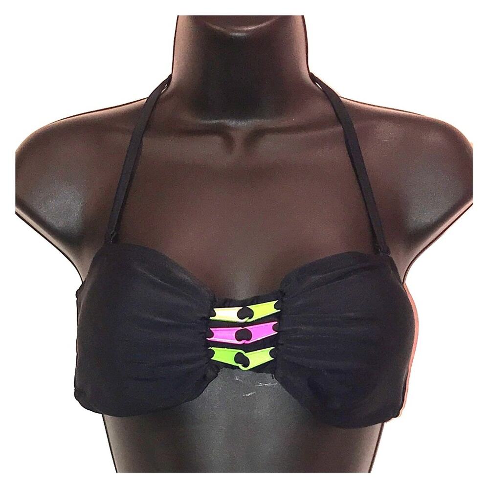 Material Girl Black Padded Halter‎ Bikini Top Neon Pink Green Cutout Large